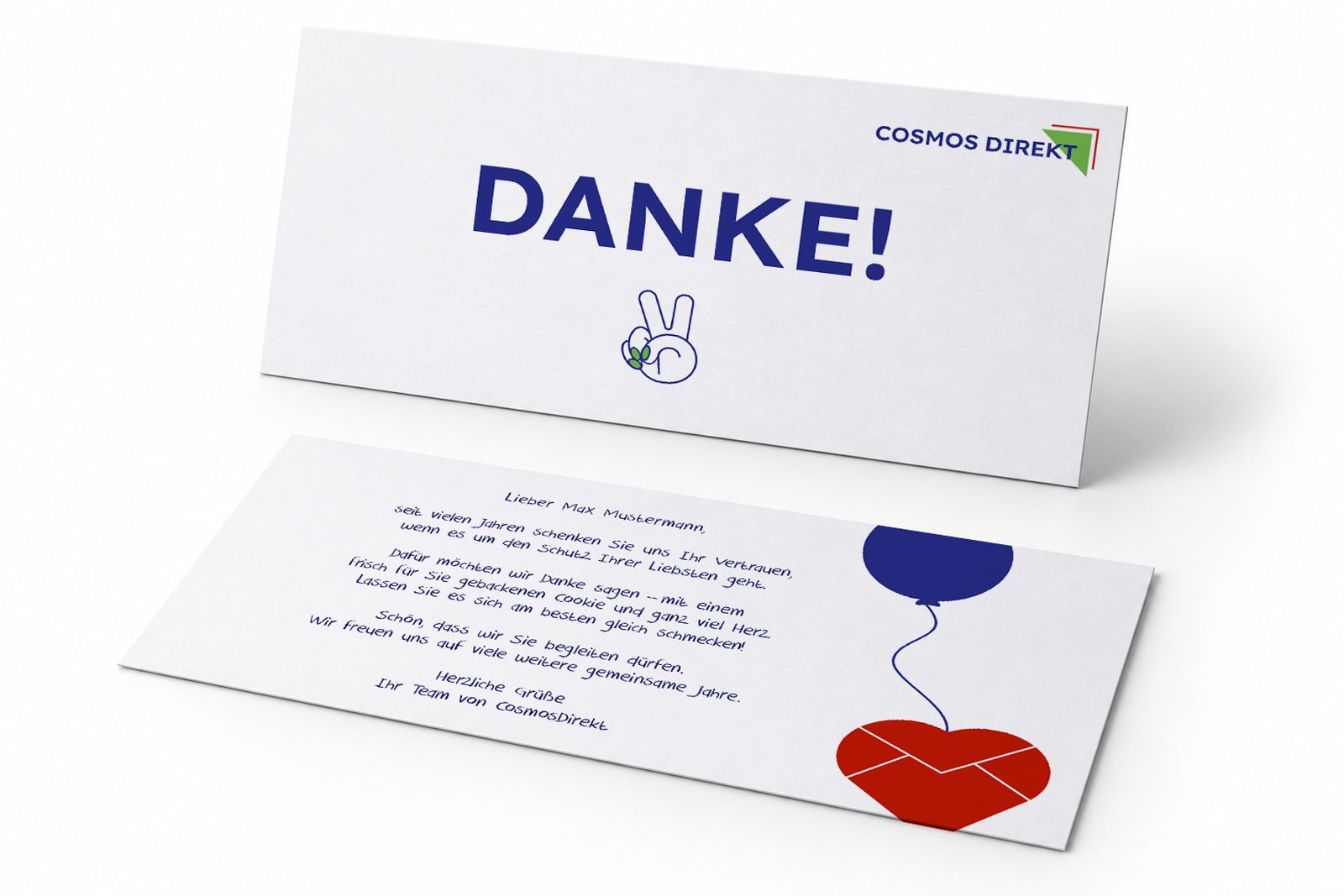 Dankeskarte mit „Danke!“ vorne und persönlichem Text in Handschrift-Optik hinten