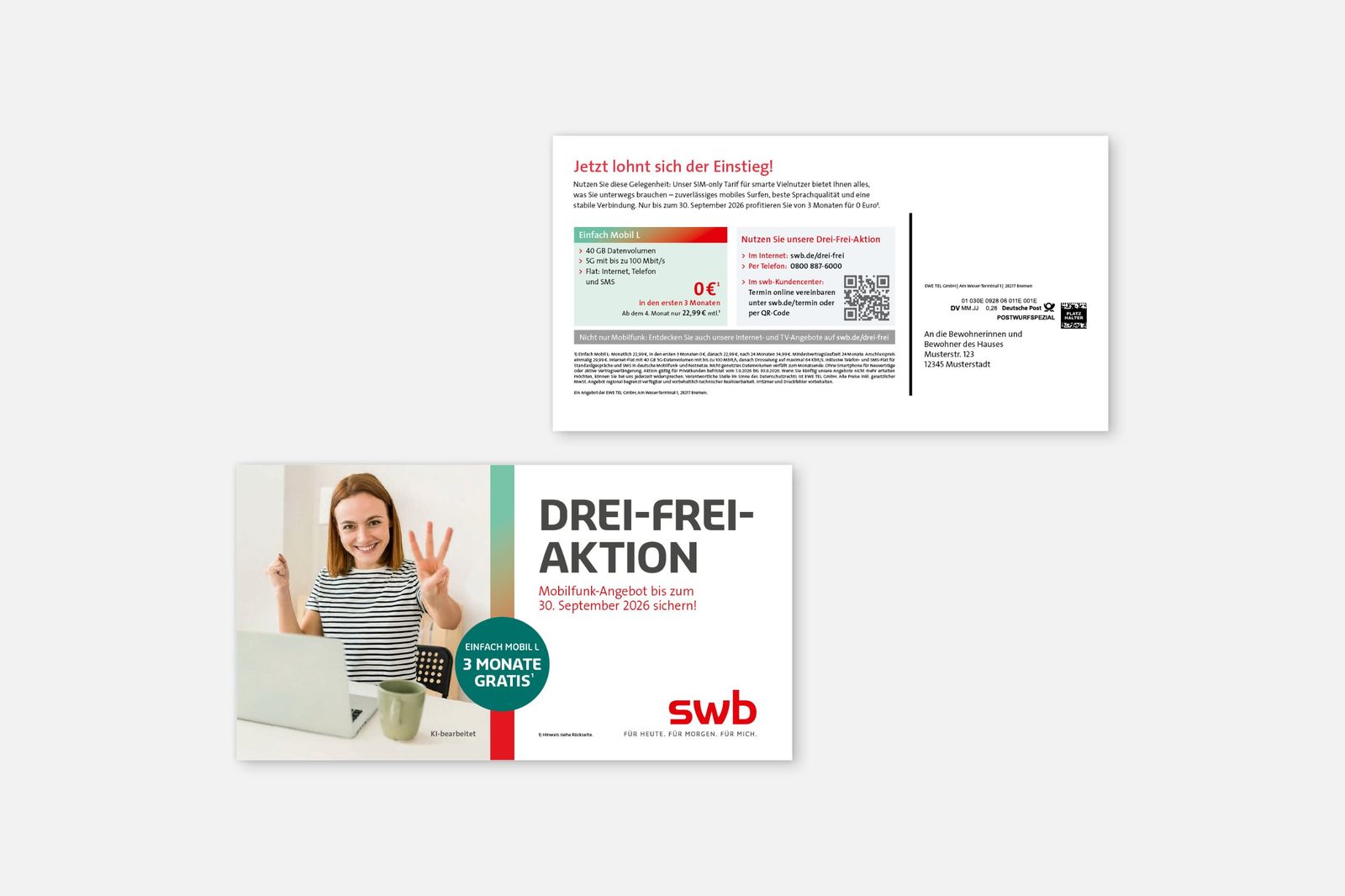 swb Postkarte Drei-Frei-Aktion, Vorder- und Rückseite