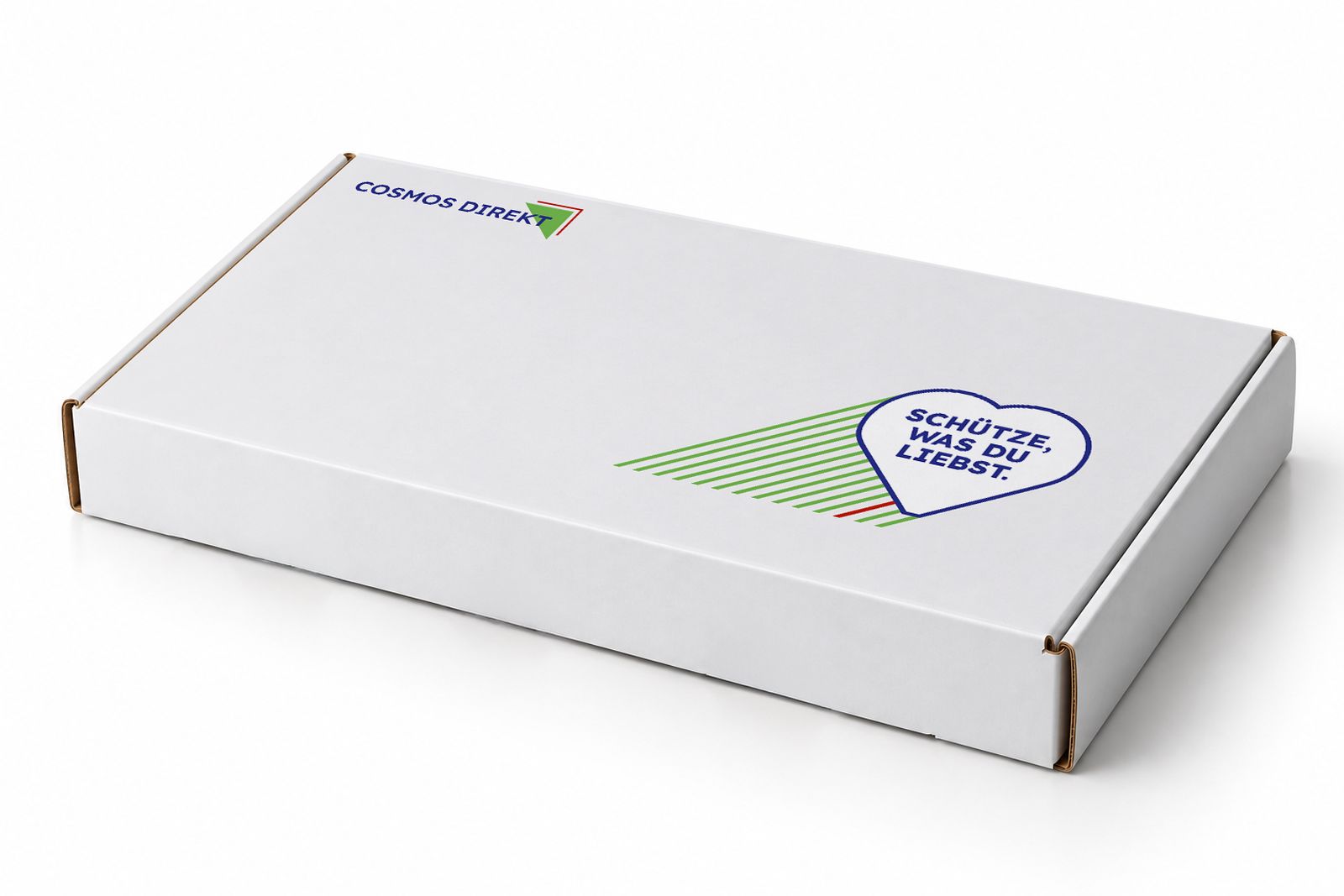 Weiße Versandbox mit CosmosDirekt-Logo und Herz-Motiv „Schütze, was du liebst.“